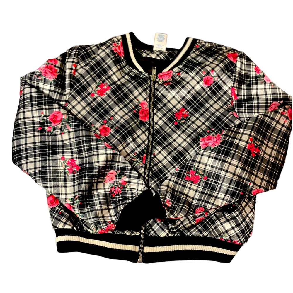 ARIZONA jean co XL 16 black jacket with pink flowers and plaid white